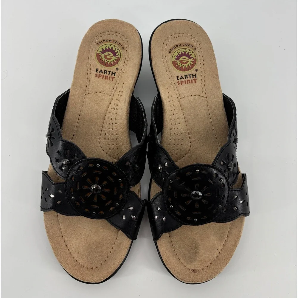 Earth Spirit Maddy Wedge Sandals Women's 8 Black Leather W/Box